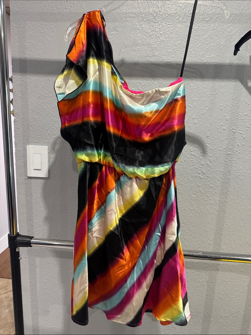 BCX One-Shoulder Satin Dress in Black, Pink, Orange, Turquoise, Yellow